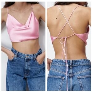 Zara Pink Satin tie open back crop top, wear 2 ways. Size medium